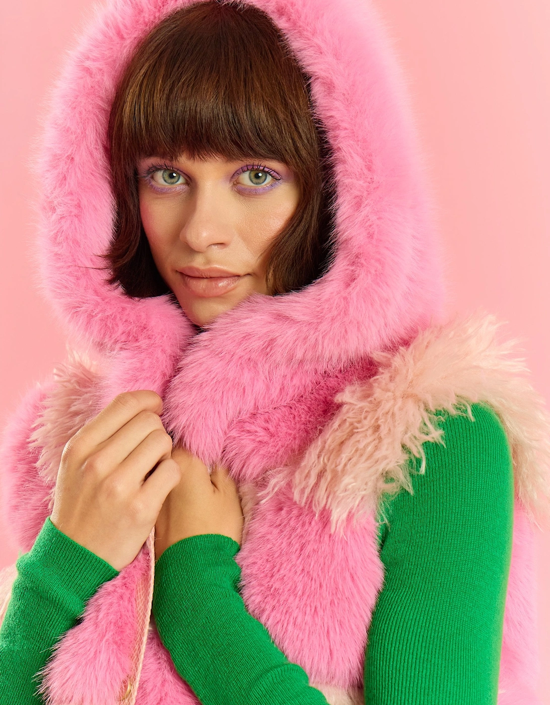 Pink Hand Made Bamboo Faux Fur Check Gilet