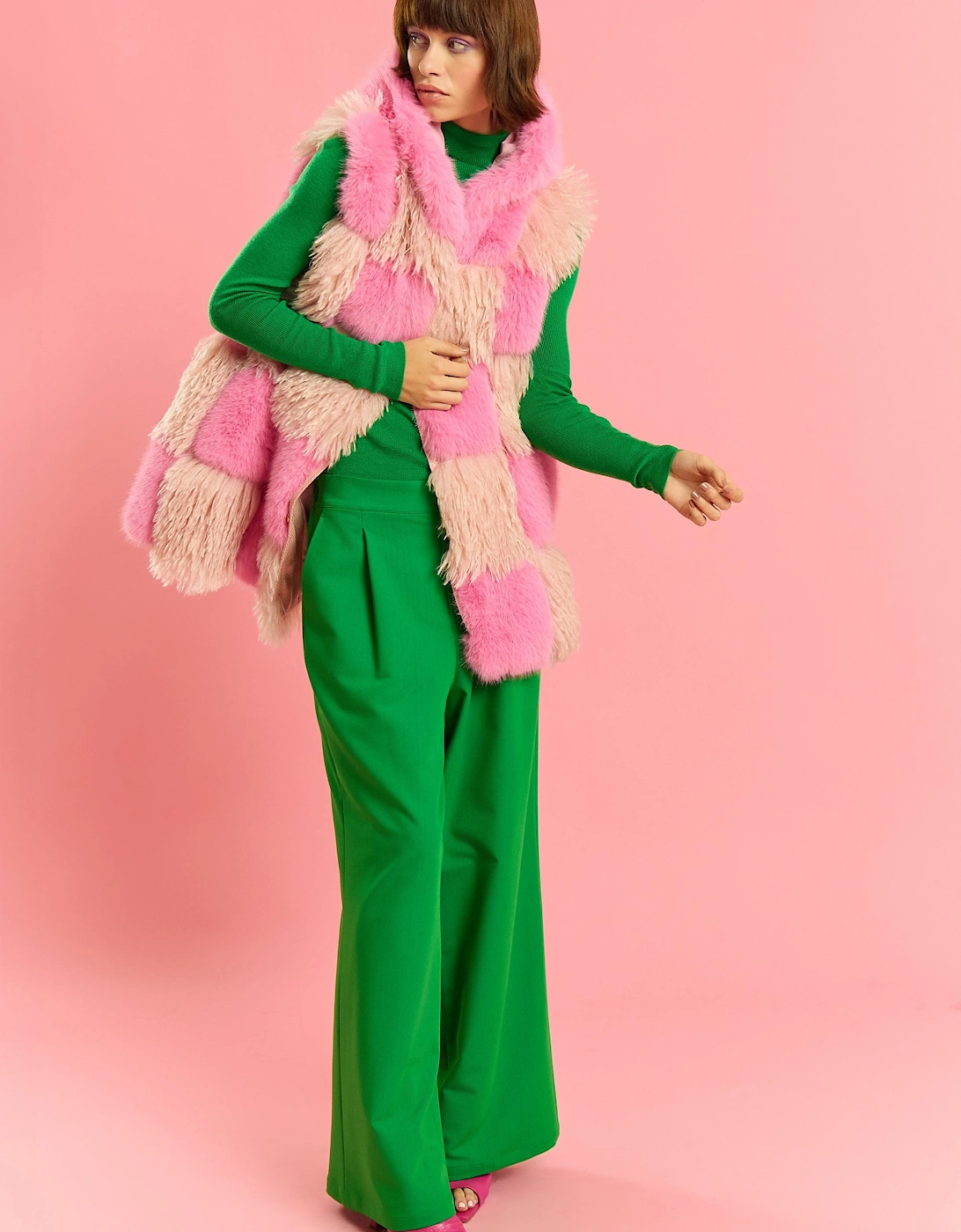 Pink Hand Made Bamboo Faux Fur Check Gilet