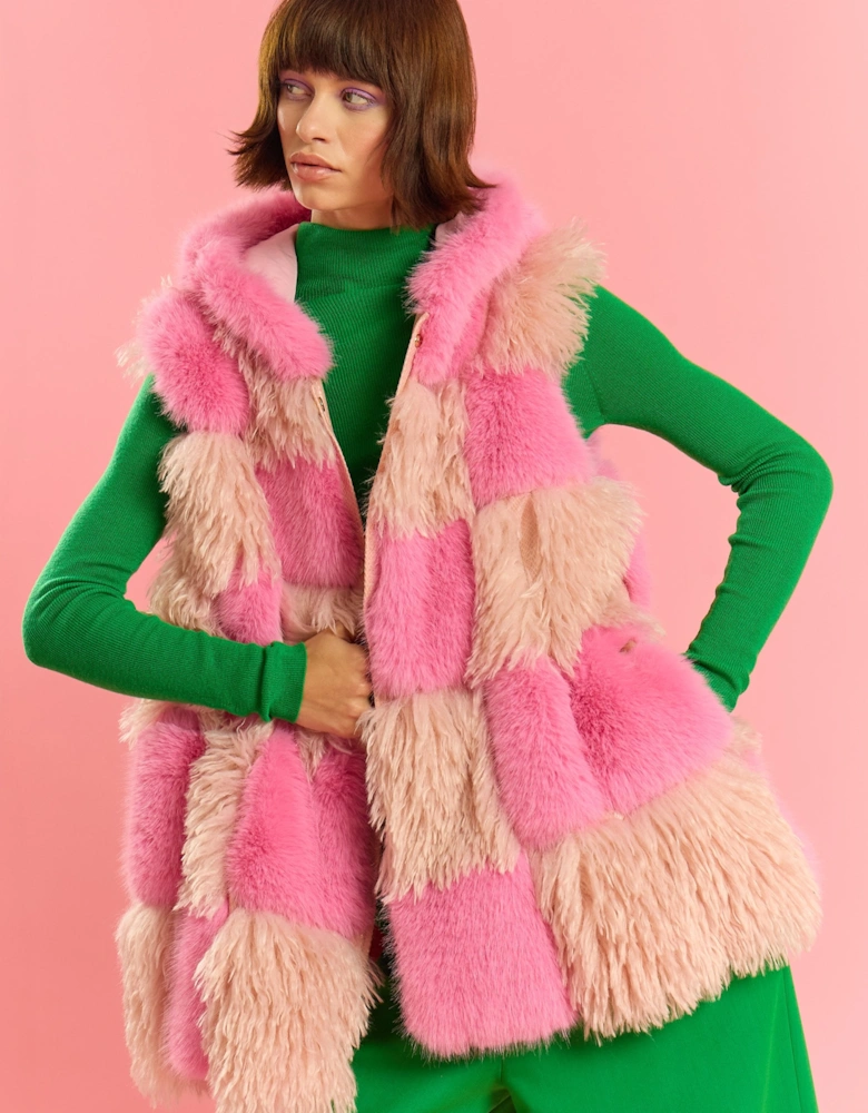 Pink Hand Made Bamboo Faux Fur Check Gilet