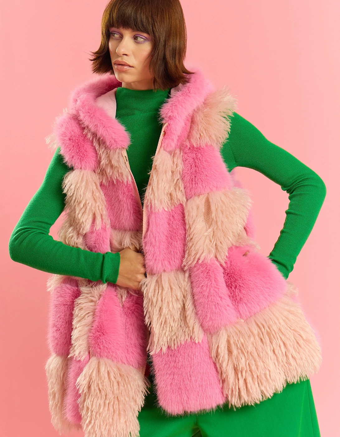 Pink Hand Made Bamboo Faux Fur Check Gilet, 5 of 4