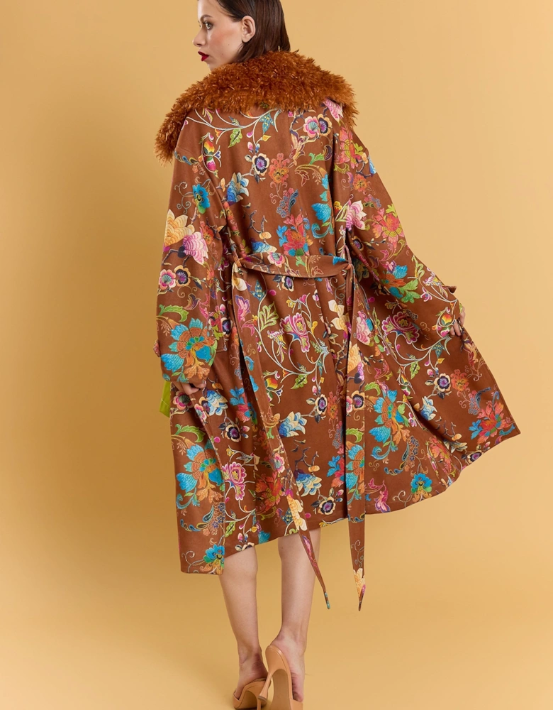 Brown Faux Suede Embroidery Effect Trench Coat