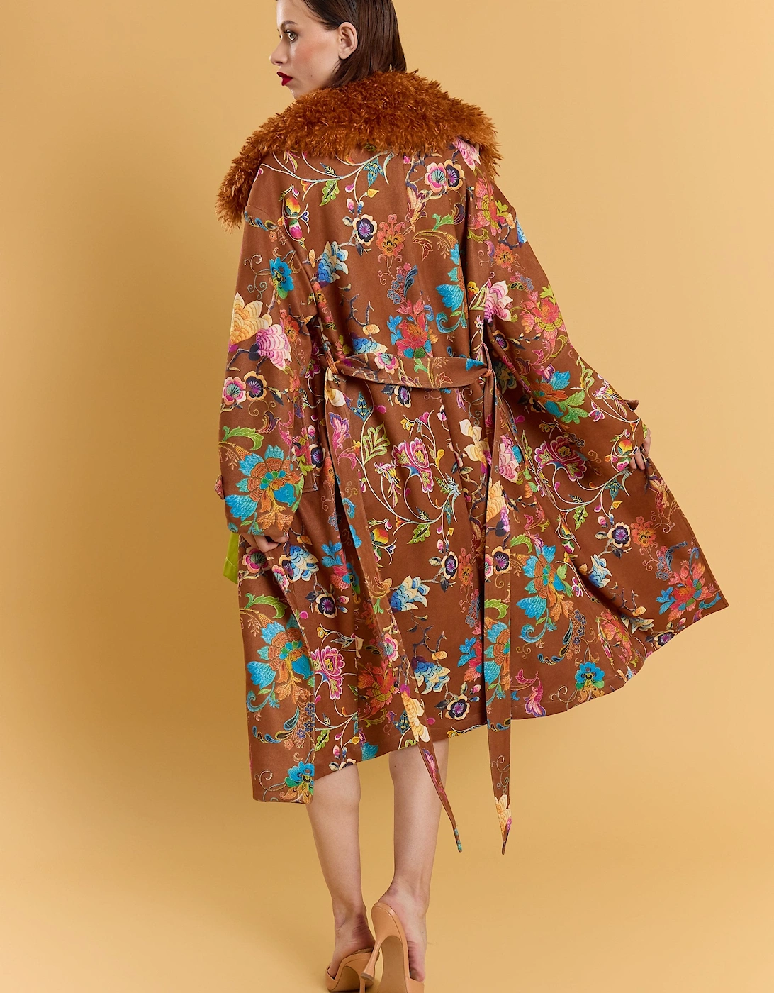 Brown Faux Suede Embroidery Effect Trench Coat