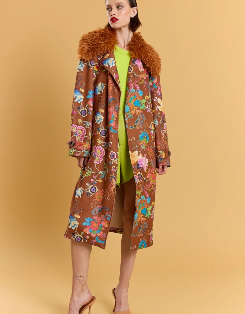Brown Faux Suede Embroidery Effect Trench Coat
