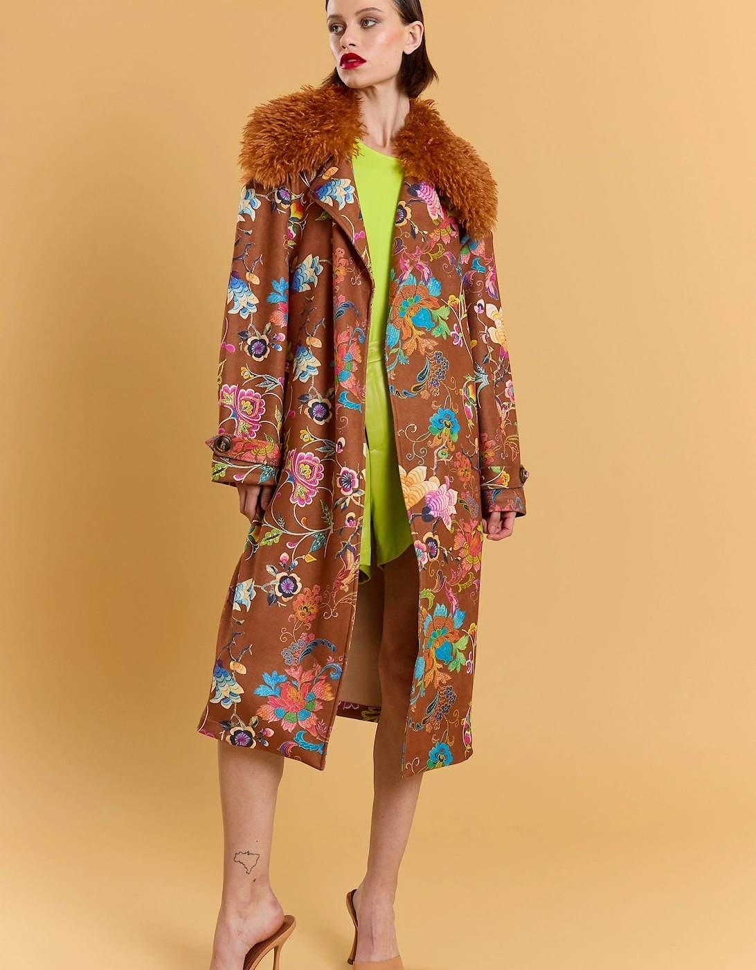 Brown Faux Suede Embroidery Effect Trench Coat, 5 of 4