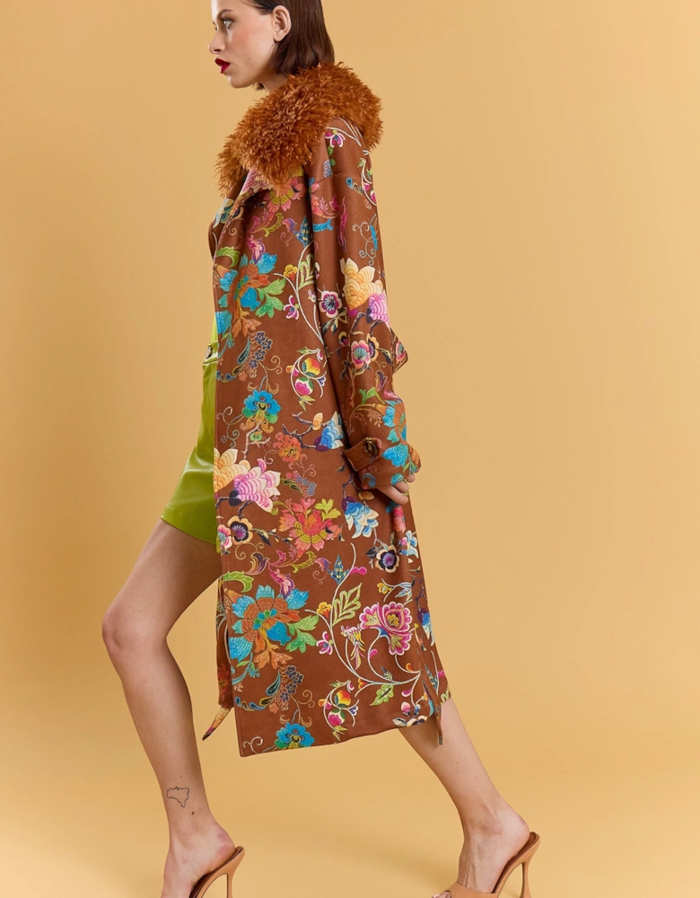 Brown Faux Suede Embroidery Effect Trench Coat