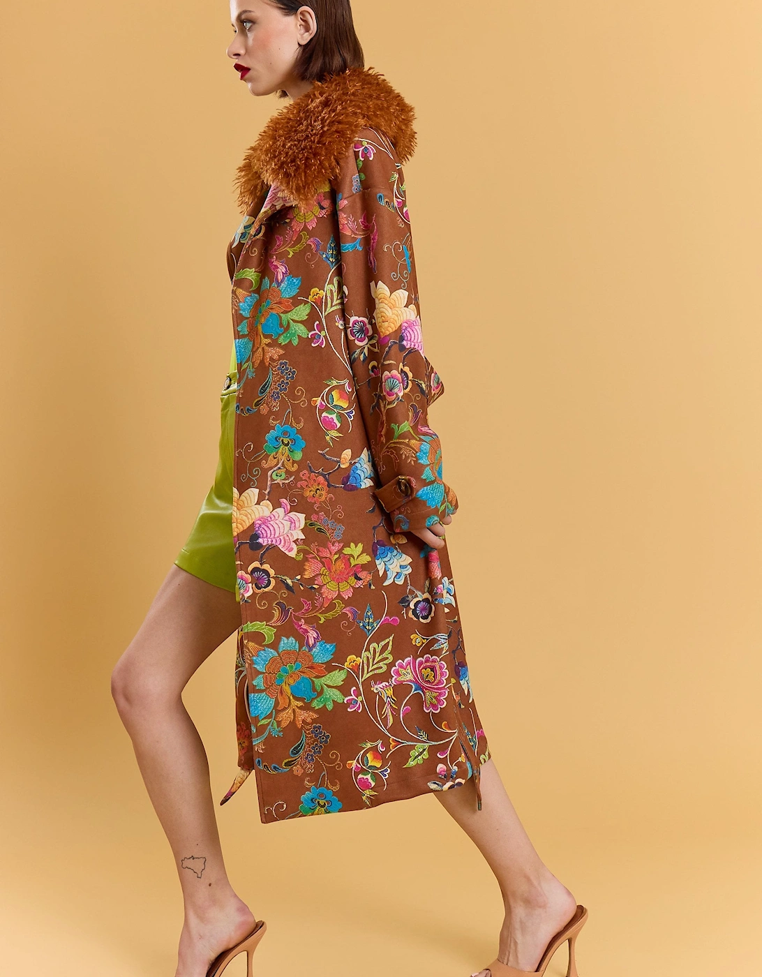 Brown Faux Suede Embroidery Effect Trench Coat