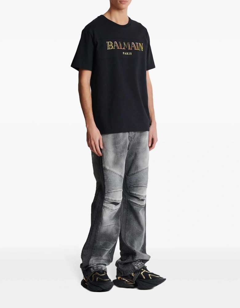Paris Multi-Coloured Embroidered Logo T-Shirt in Black