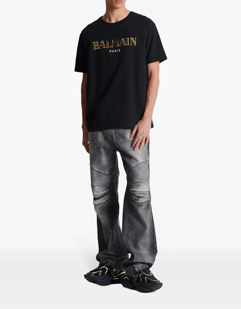 Paris Multi-Coloured Embroidered Logo T-Shirt in Black