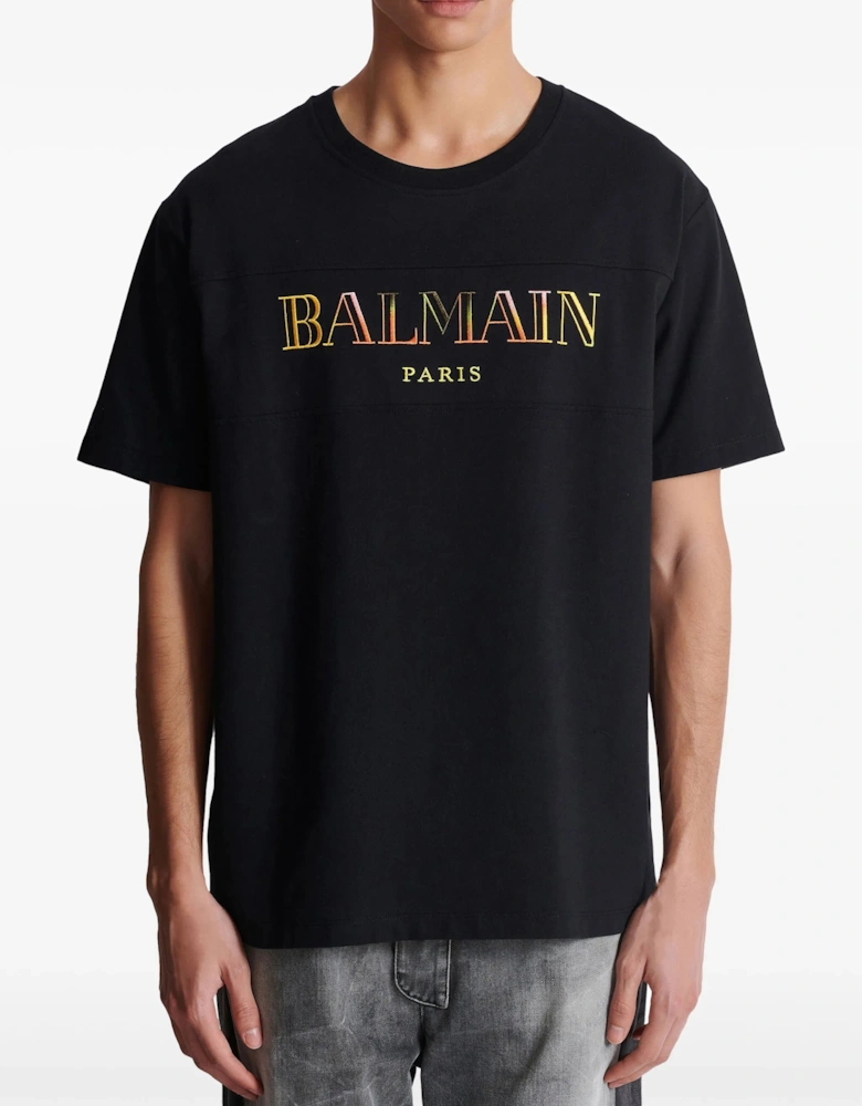 Paris Multi-Coloured Embroidered Logo T-Shirt in Black