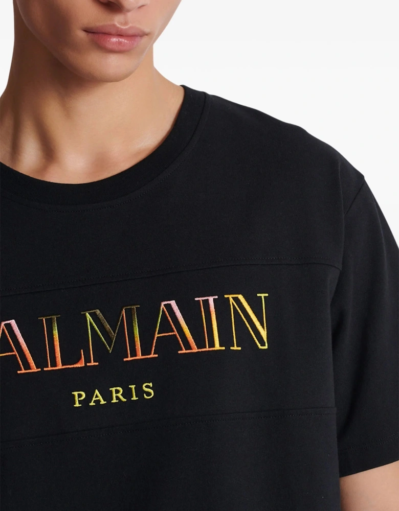 Paris Multi-Coloured Embroidered Logo T-Shirt in Black