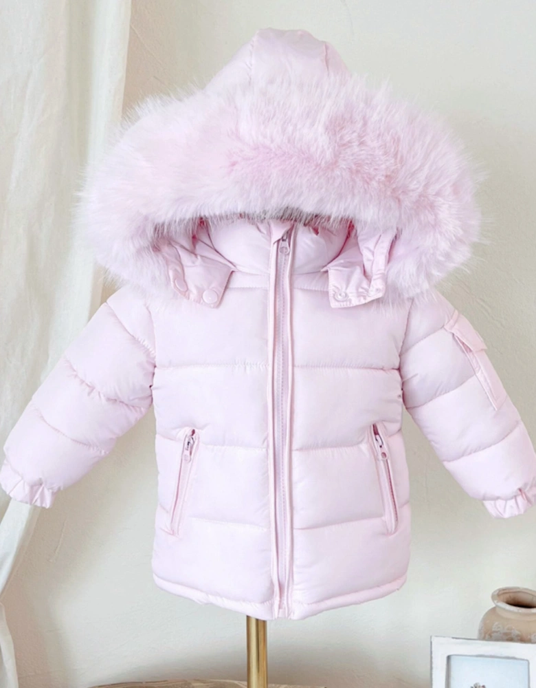 Girls Pink Faux Fur Puffer Coat