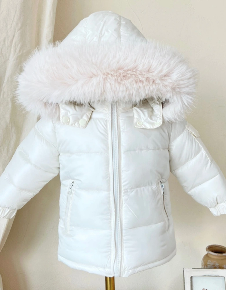 Cream Faux Fur Puffer Coat