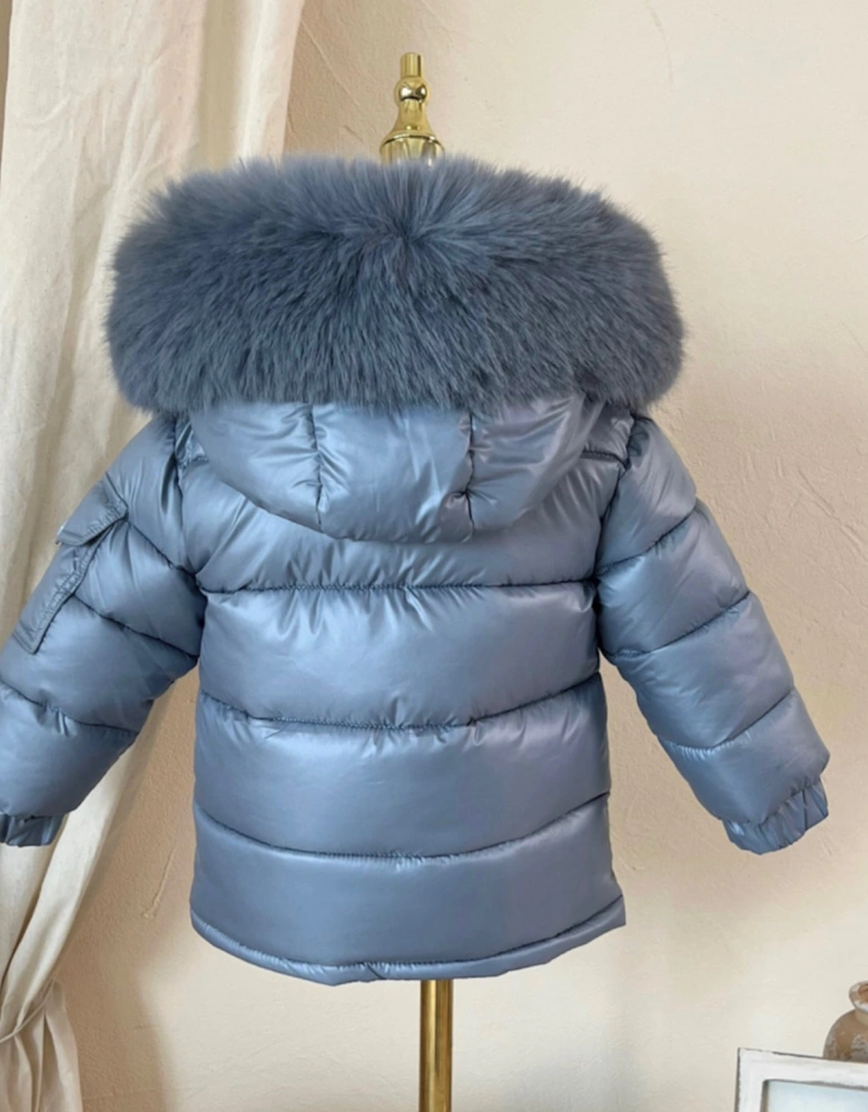 Boys Spring Blue Faux Fur Puffer Coat