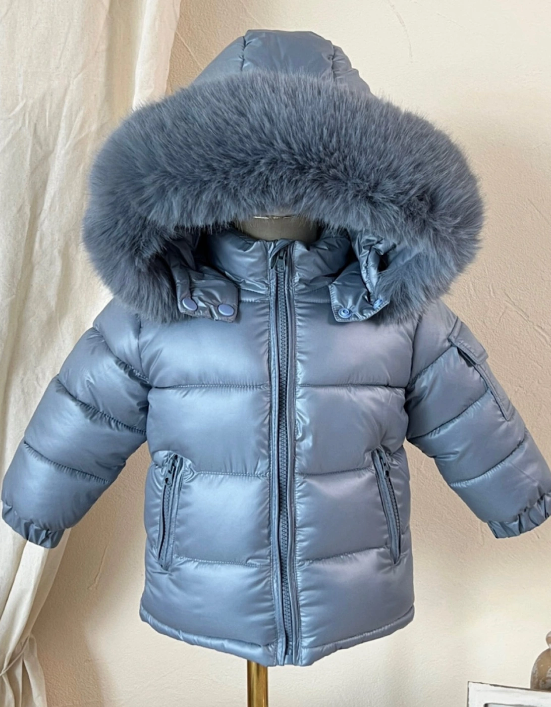 Boys Spring Blue Faux Fur Puffer Coat, 4 of 3