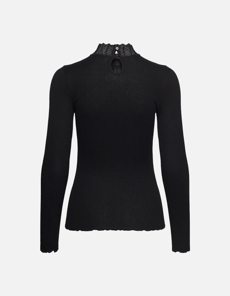 Beatha silk long sleeve tee with high lace neck black