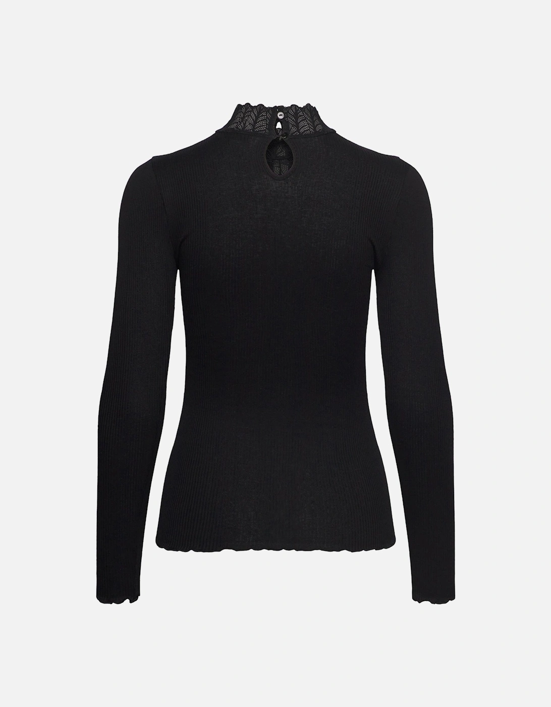 Beatha silk long sleeve tee with high lace neck black