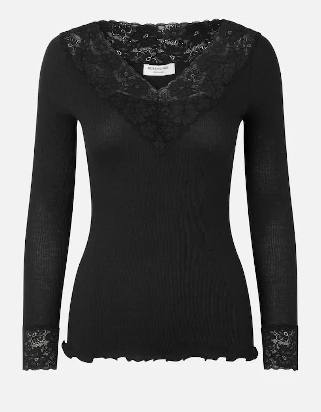 Bernadine organic long sleeve v neck lace t shirt in black, 2 of 1