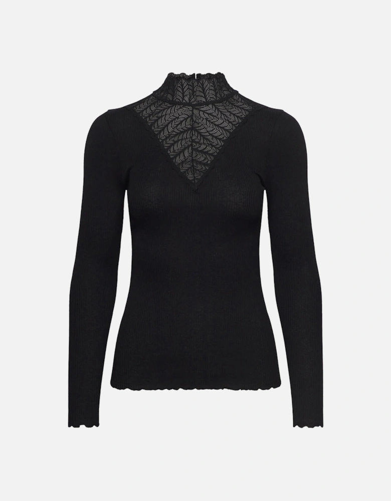 Beatha silk long sleeve tee with high lace neck black