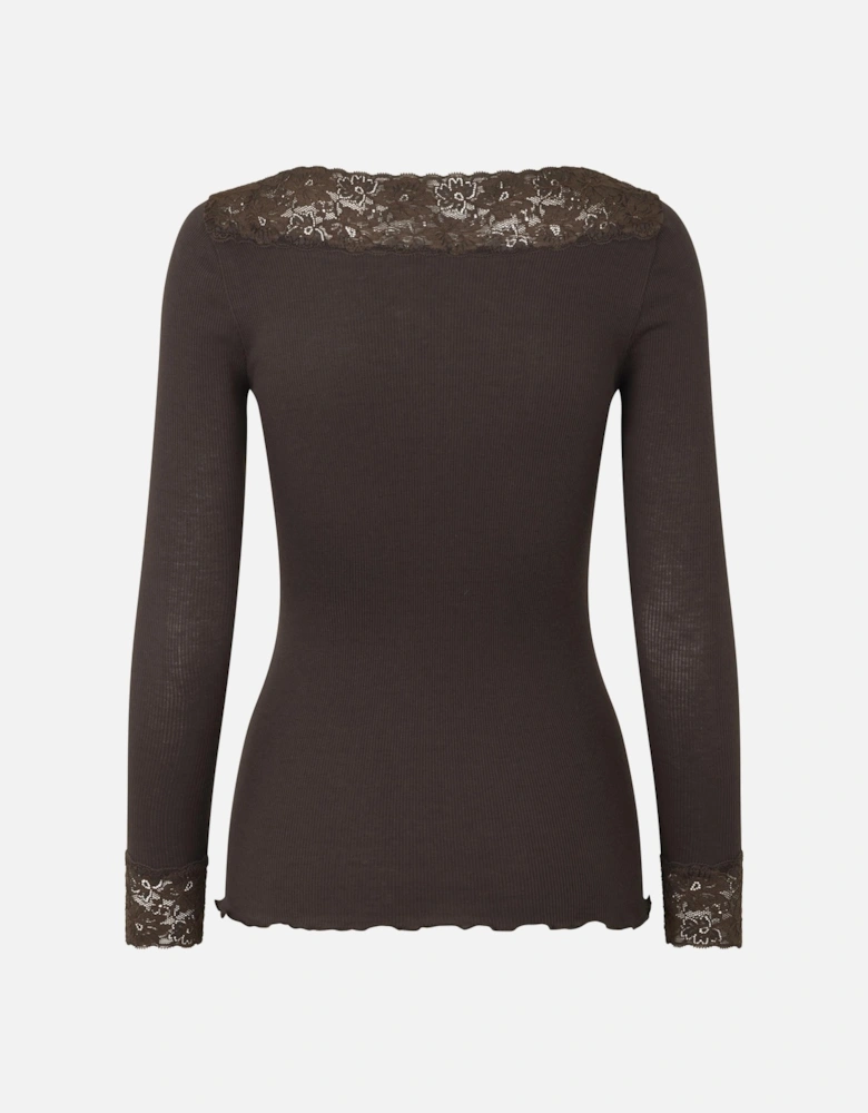 Bernadine organic long sleeve v neck lace t shirt in fudge