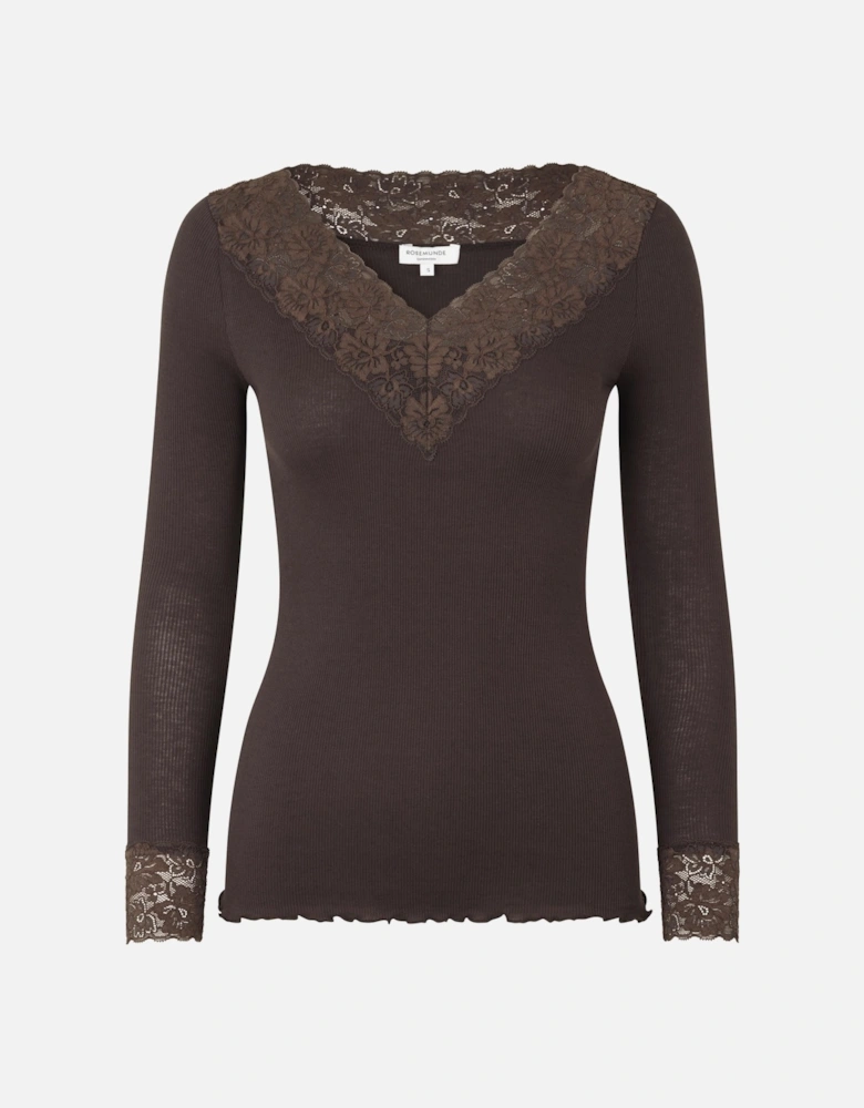 Bernadine organic long sleeve v neck lace t shirt in fudge