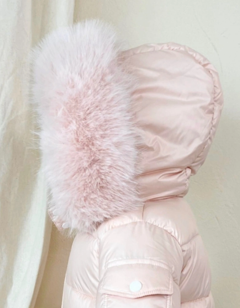 Girls Peach Faux Fur Puffer Coat