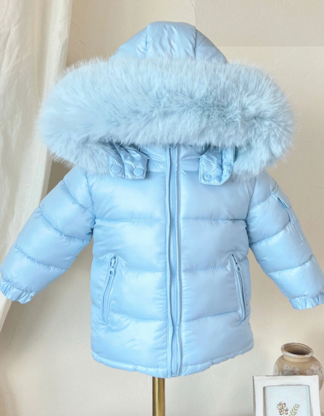 Boys Baby Blue Faux Fur Puffer Coat, 3 of 2