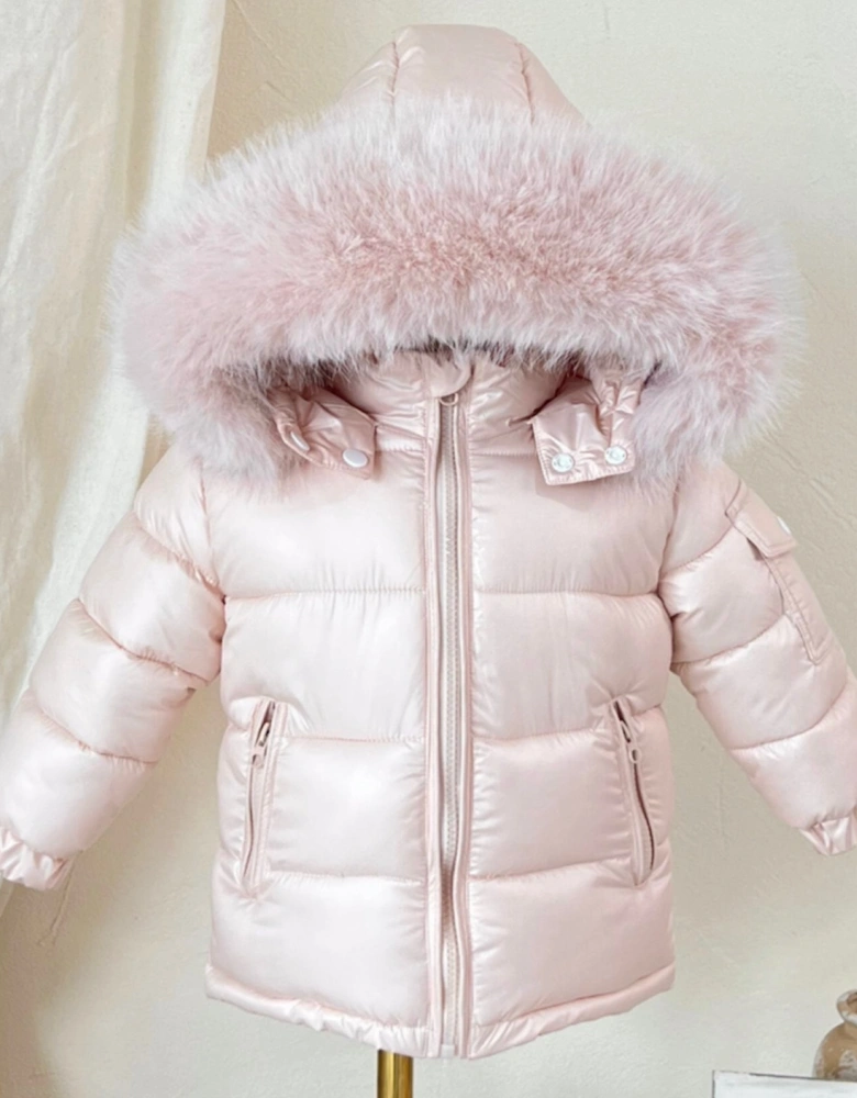 Girls Peach Faux Fur Puffer Coat