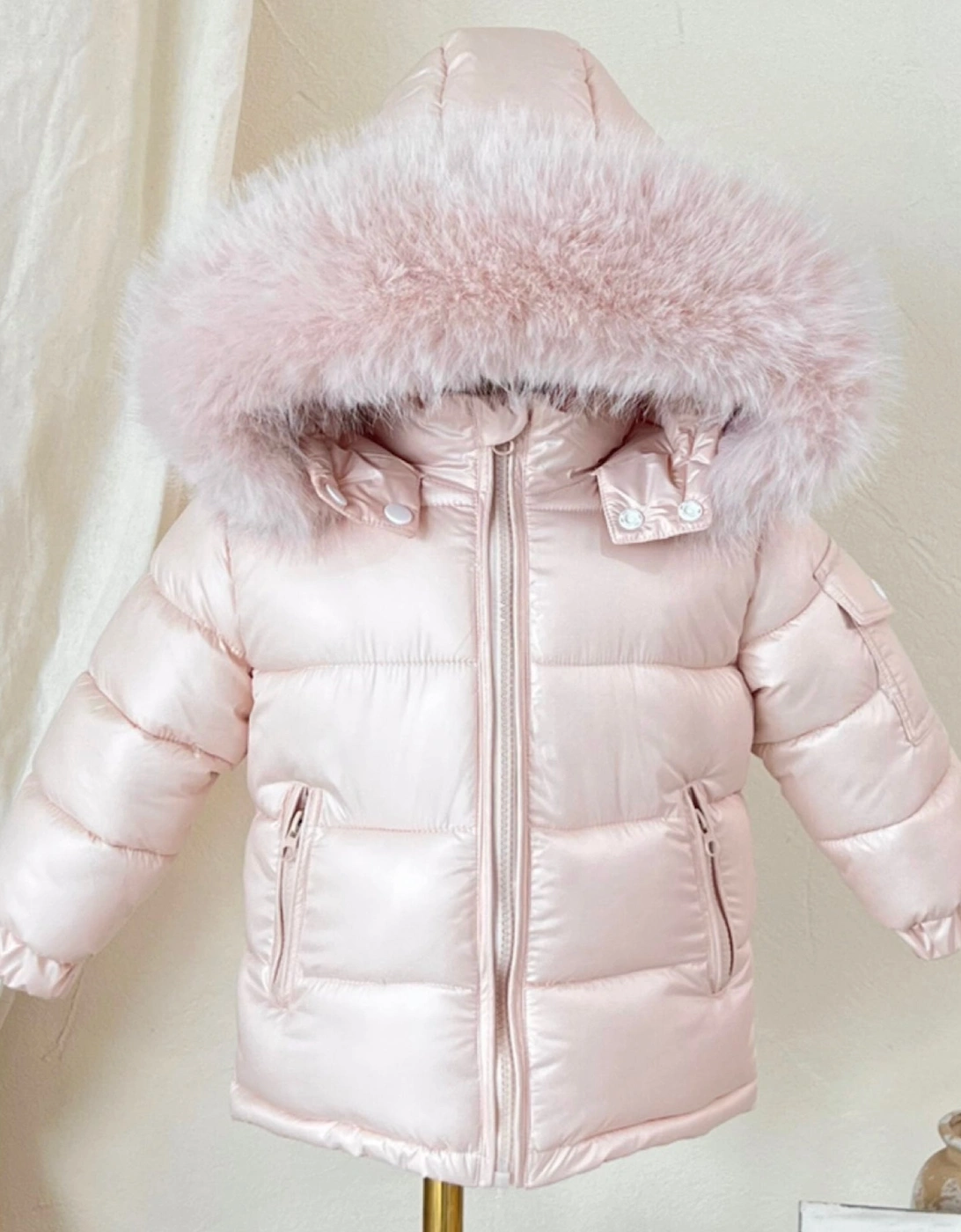 Girls Peach Faux Fur Puffer Coat, 4 of 3