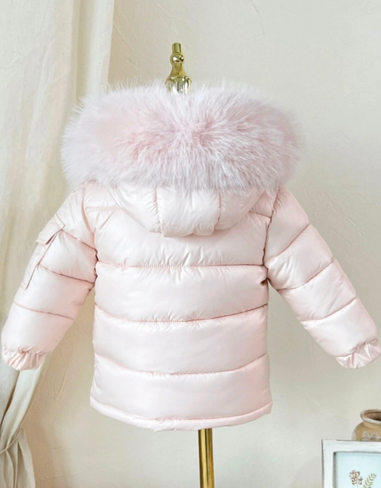 Girls Peach Faux Fur Puffer Coat