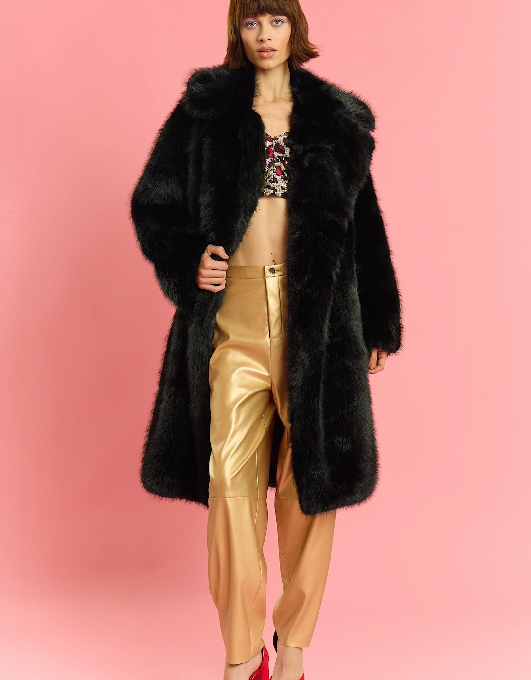Black Bamboo Faux Fur Cream Coat