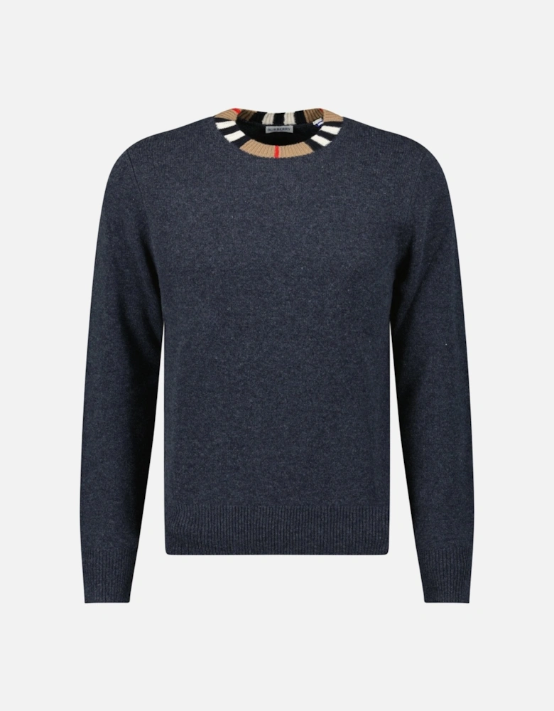 'Noland' Knitted Wool/ Cashmere Jumper Check Neck Charcoal Grey