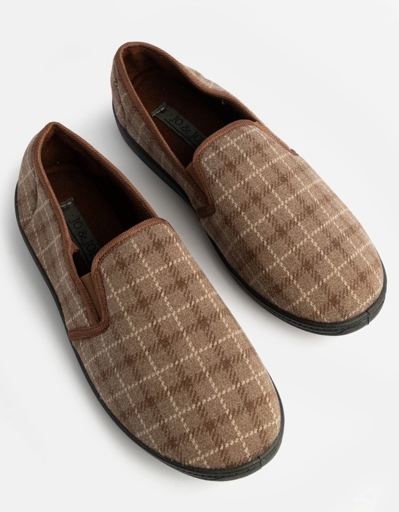 Jo & Joe GORDON Mens Full Slippers Checkered Brown