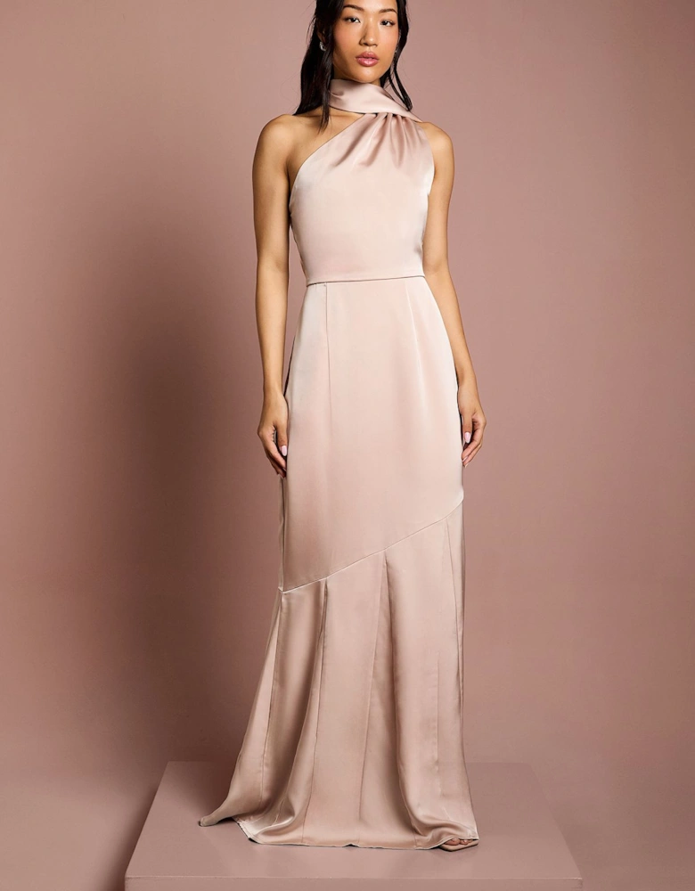 Satin One Shoulder Fishtail Maxi Dress With Neck Tie
