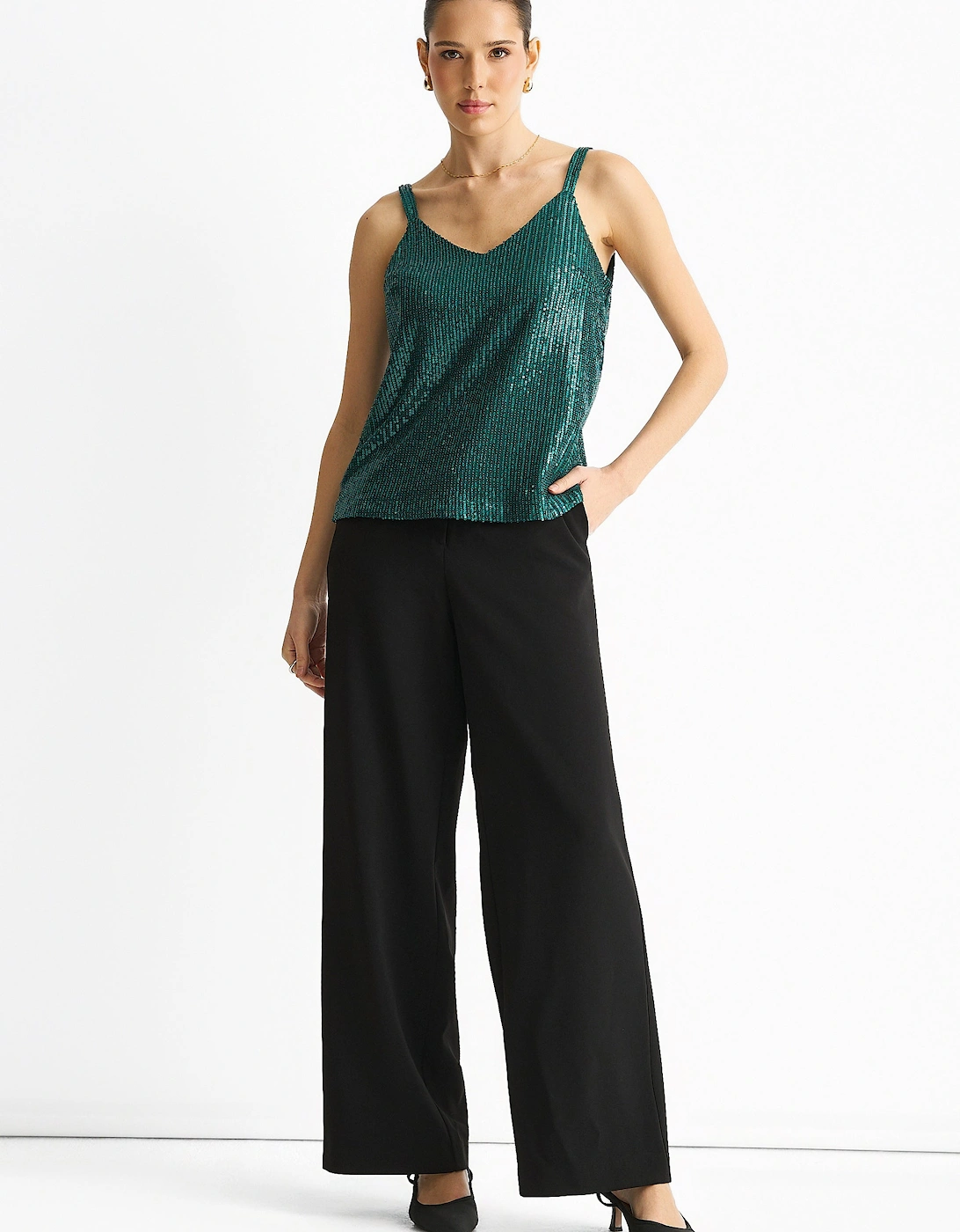 Green Sequin V Neck Cami Top