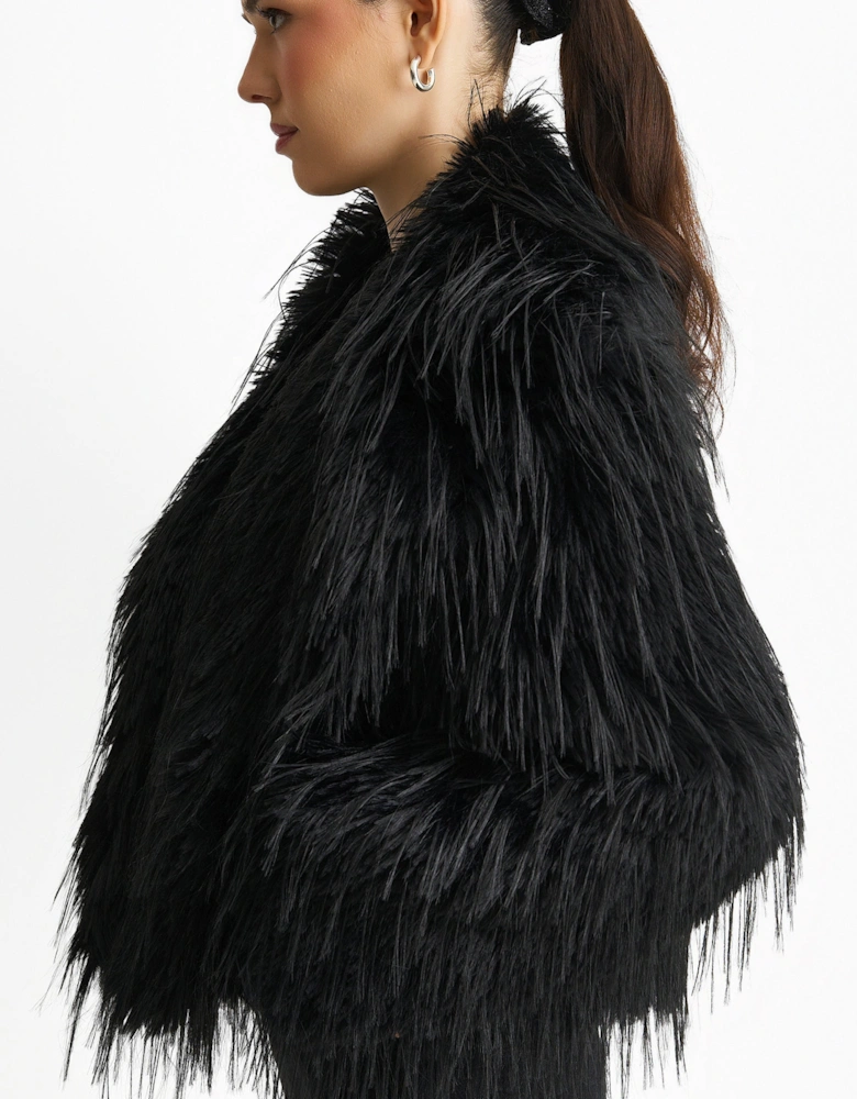 Black Plain Fringe Faux Fur Short Jacket