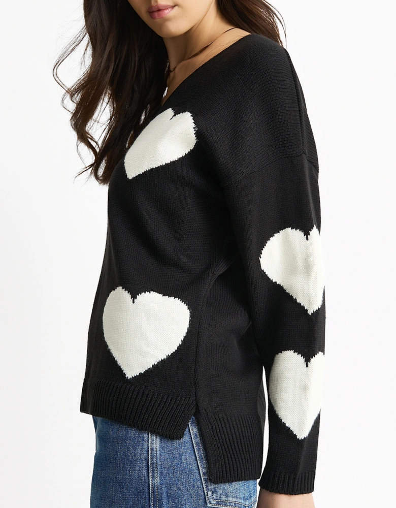 Black V Neck Oversized Heart Knit Jumper