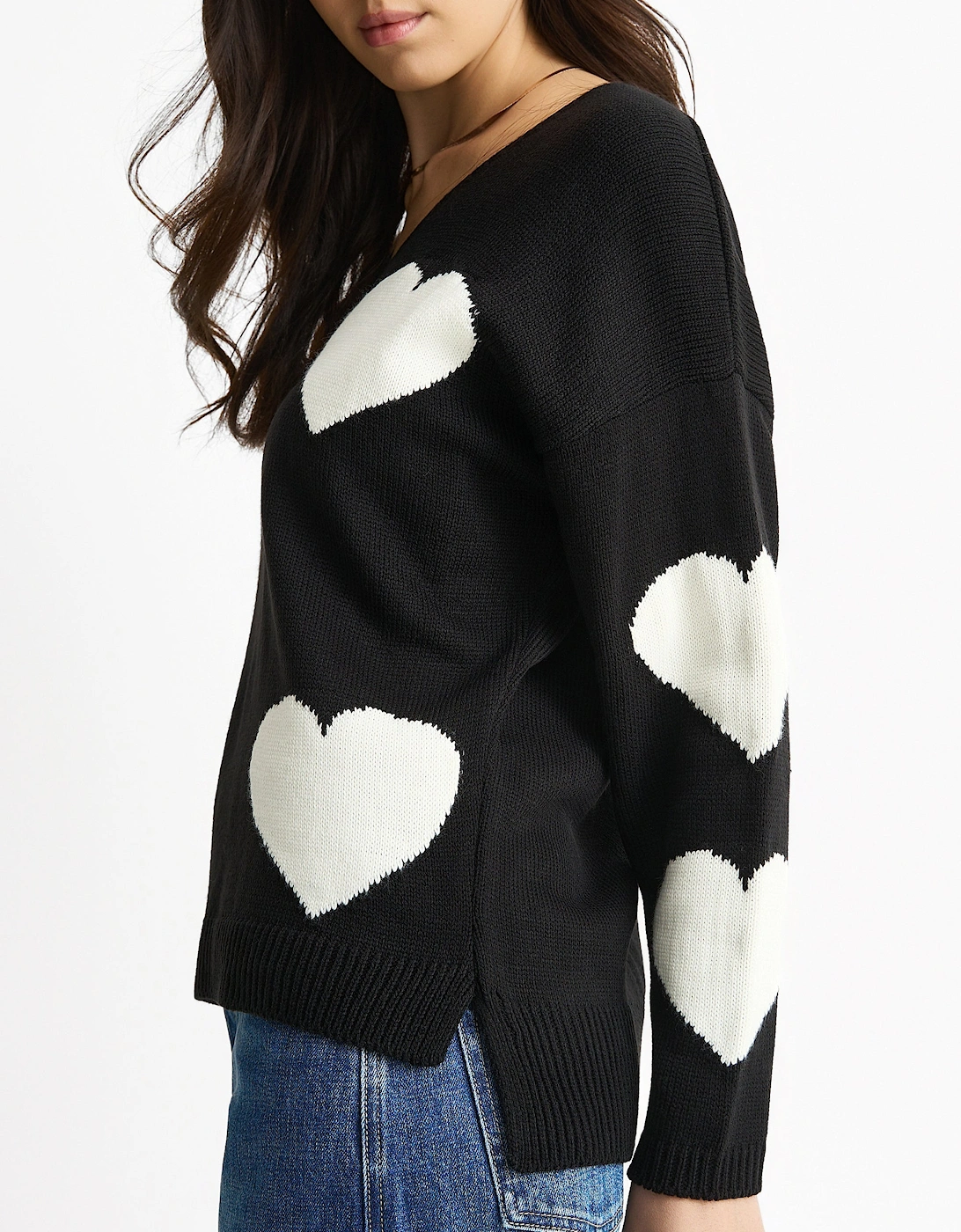 Black V Neck Oversized Heart Knit Jumper