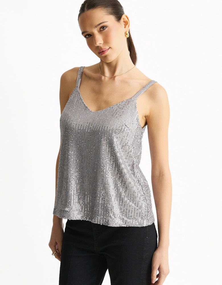 Silver Sequin V Neck Cami Top