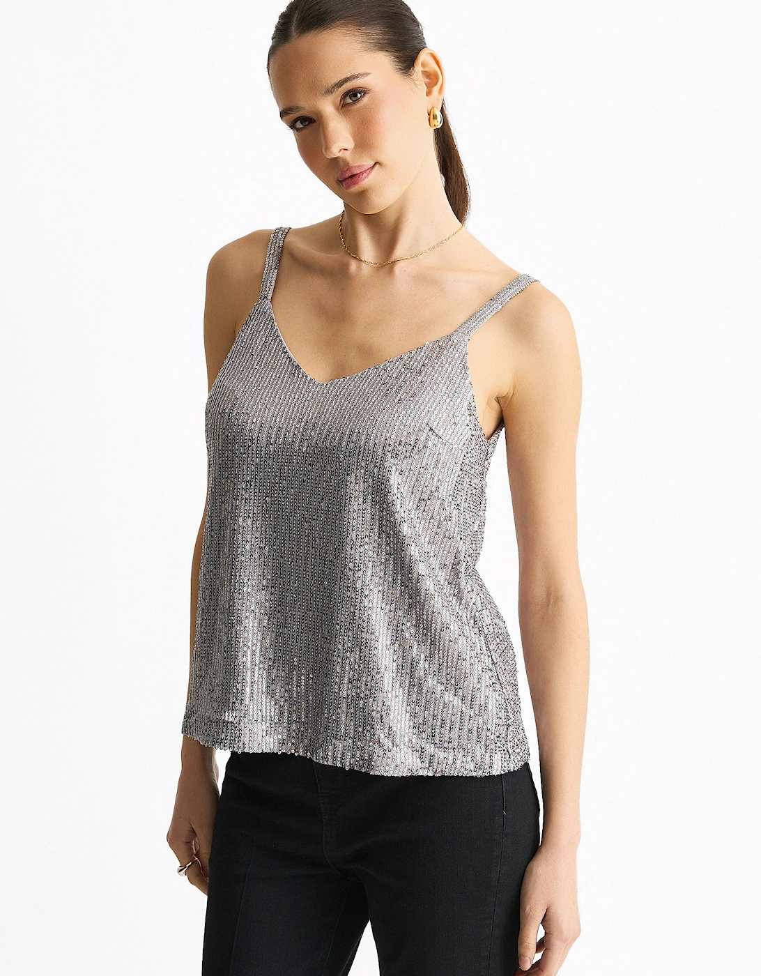 Silver Sequin V Neck Cami Top
