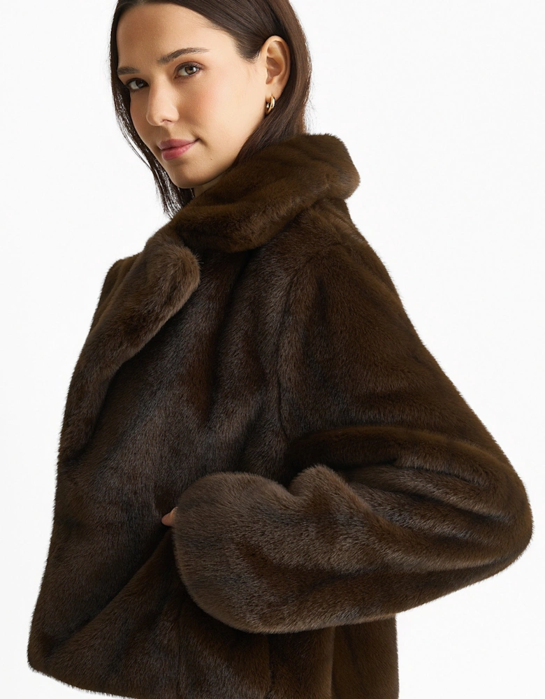 Coffee Crushed Look Faux Fur Cropped Jacket