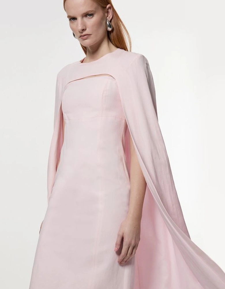 Premium Tailored Linen Drama Cape Midi Dress