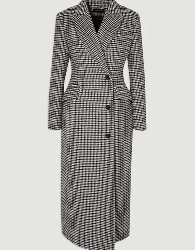 Wool Blend Houndstooth Tailored Fitted Maxi Coat