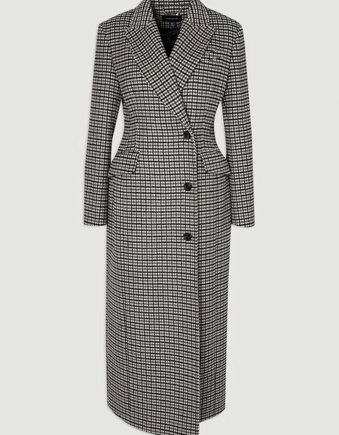 Wool Blend Houndstooth Tailored Fitted Maxi Coat