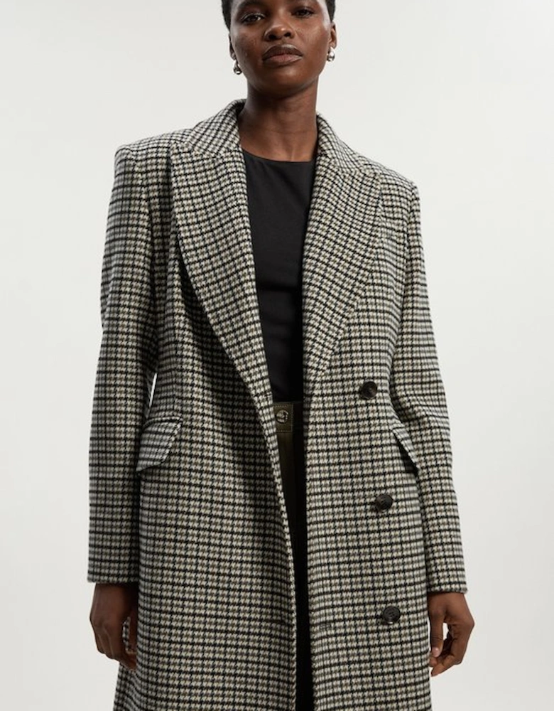 Wool Blend Houndstooth Tailored Fitted Maxi Coat