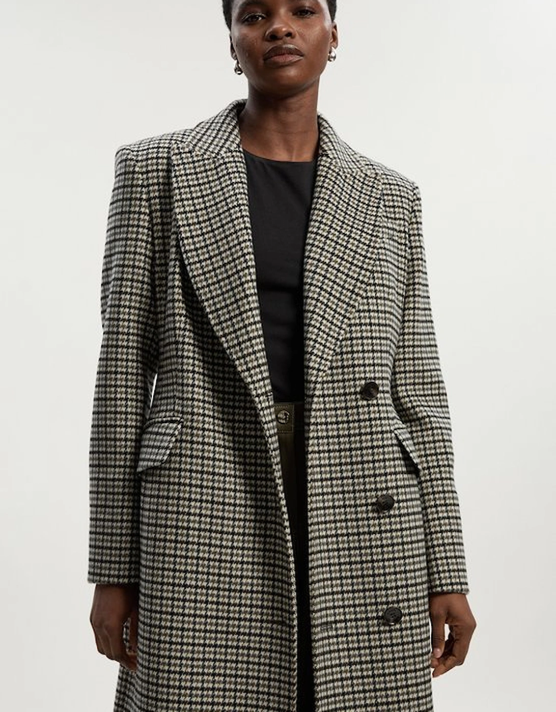 Wool Blend Houndstooth Tailored Fitted Maxi Coat