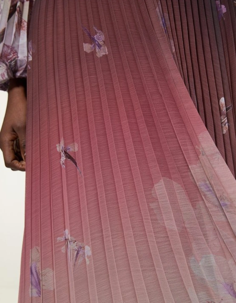 Crinkle Pleat Border Floral Balloon Sleeve Woven Maxi Dress