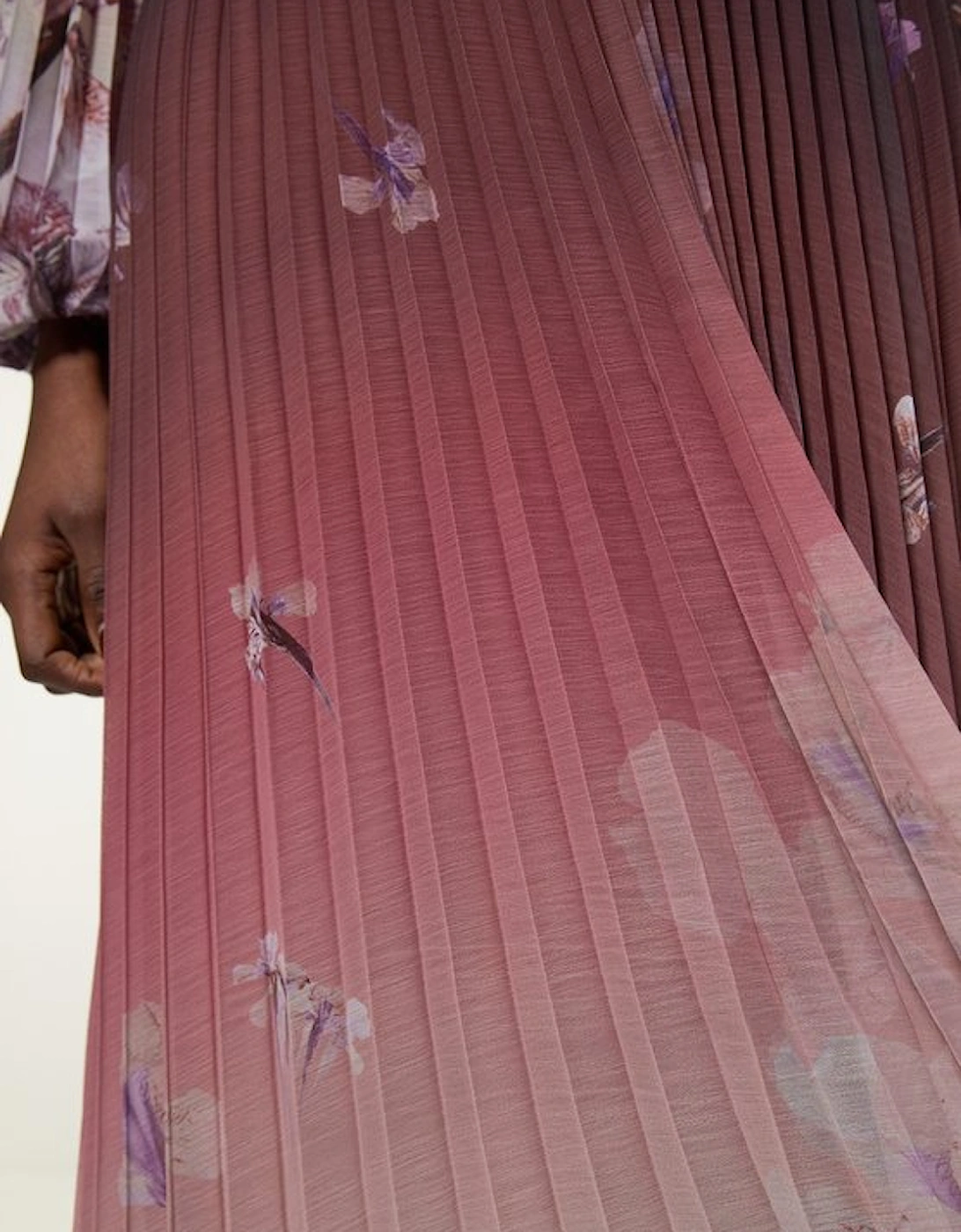 Crinkle Pleat Border Floral Balloon Sleeve Woven Maxi Dress