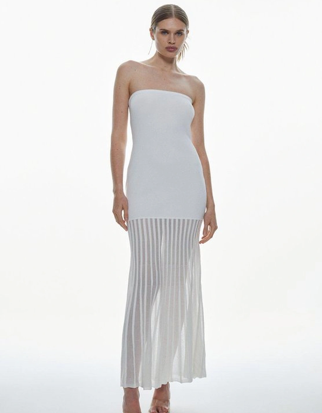 Viscose Blend Sheer Knit Bandeau Pleated Skirt Maxi Dress, 5 of 4
