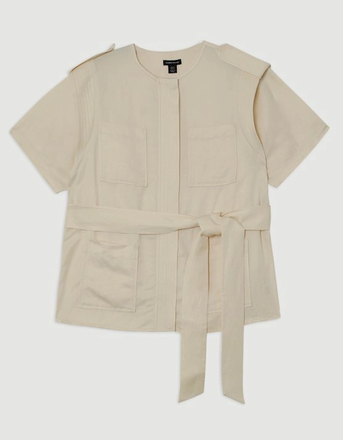 Linen Twill Top Stitch Belted Top With Gold Studs