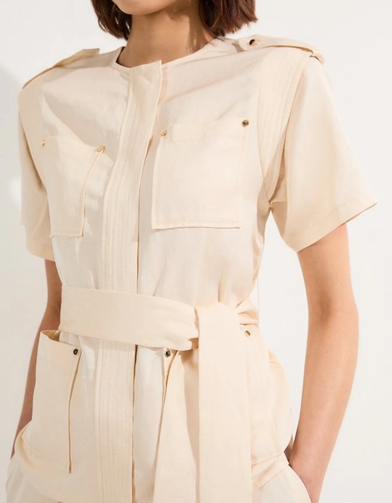 Linen Twill Top Stitch Belted Top With Gold Studs